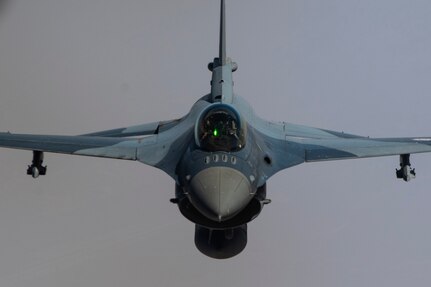 An Iraqi Air Force F-16 Fighting Falcon conducts training over Iraq May 26, 2019. The Coalition Aviation Advisory and Training Team in partnership with the Office of Security Cooperation-Iraq, provides training, advising and assistance in addition to building partner capacity for Iraqi Army Aviation Command, Iraqi Air Defense Command and the Iraqi Air Force.