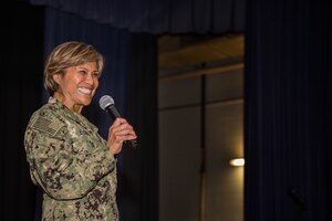 U.S. Navy Vice Adm. Raquel Bono, Defense Health Agency director, speaks to patients and personnel from the Langley Hospital at Joint Base Langley-Eustis, Virginia, May 29, 2019, about changes for the military hospitals and clinics across the country.