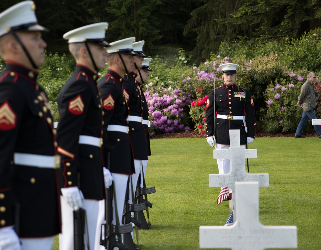U.S. Marines with 1st Battalion, 5th Marine Regiment, 1st Marine Division stand in formation during the Aisne-Marne Memorial Day ceremony at the Aisne-Marne American Cemetery near Belleau, France, May 26, 2019. May 26, 2019. The ceremony commemorated the 101st anniversary of the Battle of Belleau Wood, which marked the first occasion in World War I for U.S. forces to operate on a large scale against the German Army.