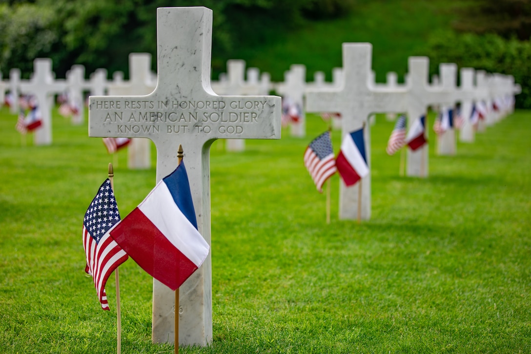 American and French flags wave in front of headstones at the Aisne-Marne Memorial near Belleau, France, May 26, 2019. The ceremony commemorated the 101st anniversary of the Battle of Belleau Wood, which marked the first occasion in World War I for U.S. forces to operate on a large scale against the German Army.