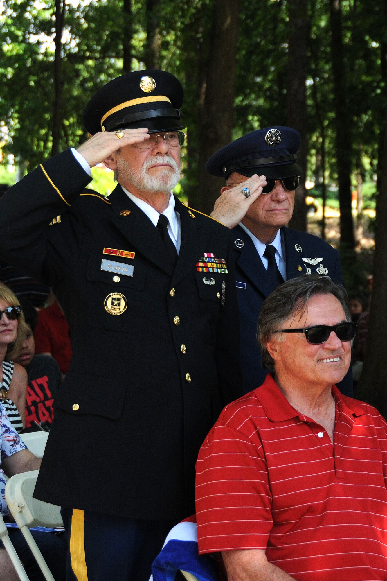 Retired service members salute during the Roswell Memorial Day Ceremony at Roswell City Hall area, Roswell, GA on May 27, 2019. The event is held annually. The theme and objective of the program is to honor the sacrifice and memory of the fallen military throughout history who fought to gain and preserve the freedoms enjoyed in the United States.  (U.S. Air Force photo by Senior Airman Justin Clayvon)