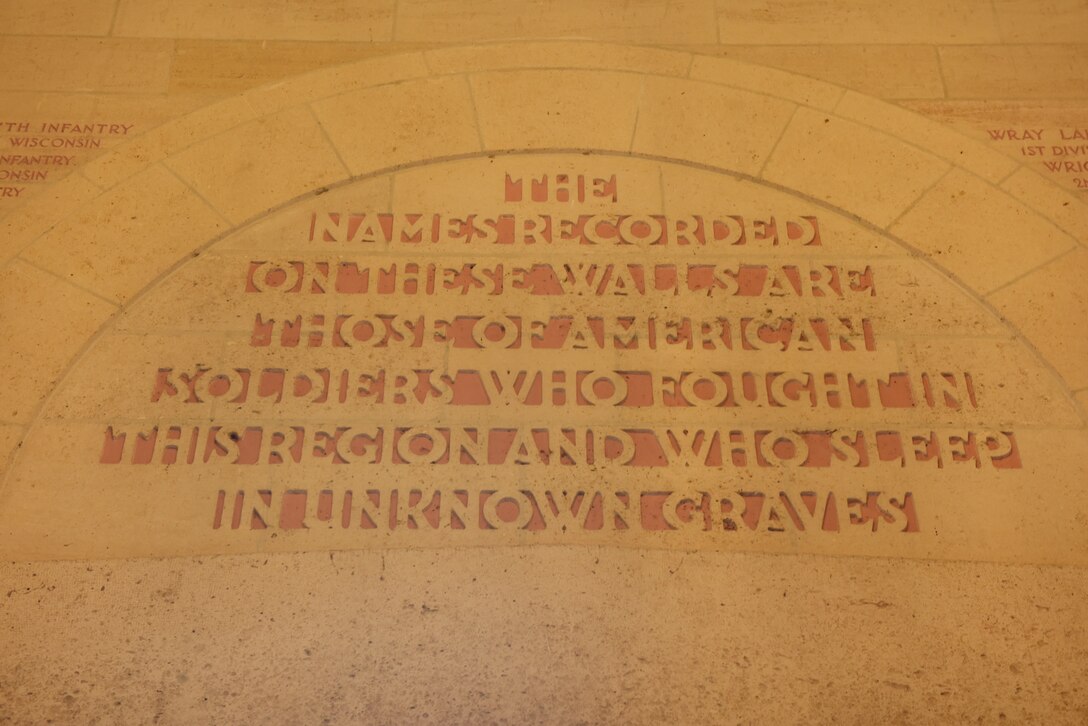The Aisne-Marne American Chapel sits at foothill of Belleau Wood, contains the graves of 2,289 war dead. Inscribed on its walls are the names of 1,060 missing personnel. A monument at the flagpole commemorates the valor of the U.S. Marines who captured much of this ground in 1918.