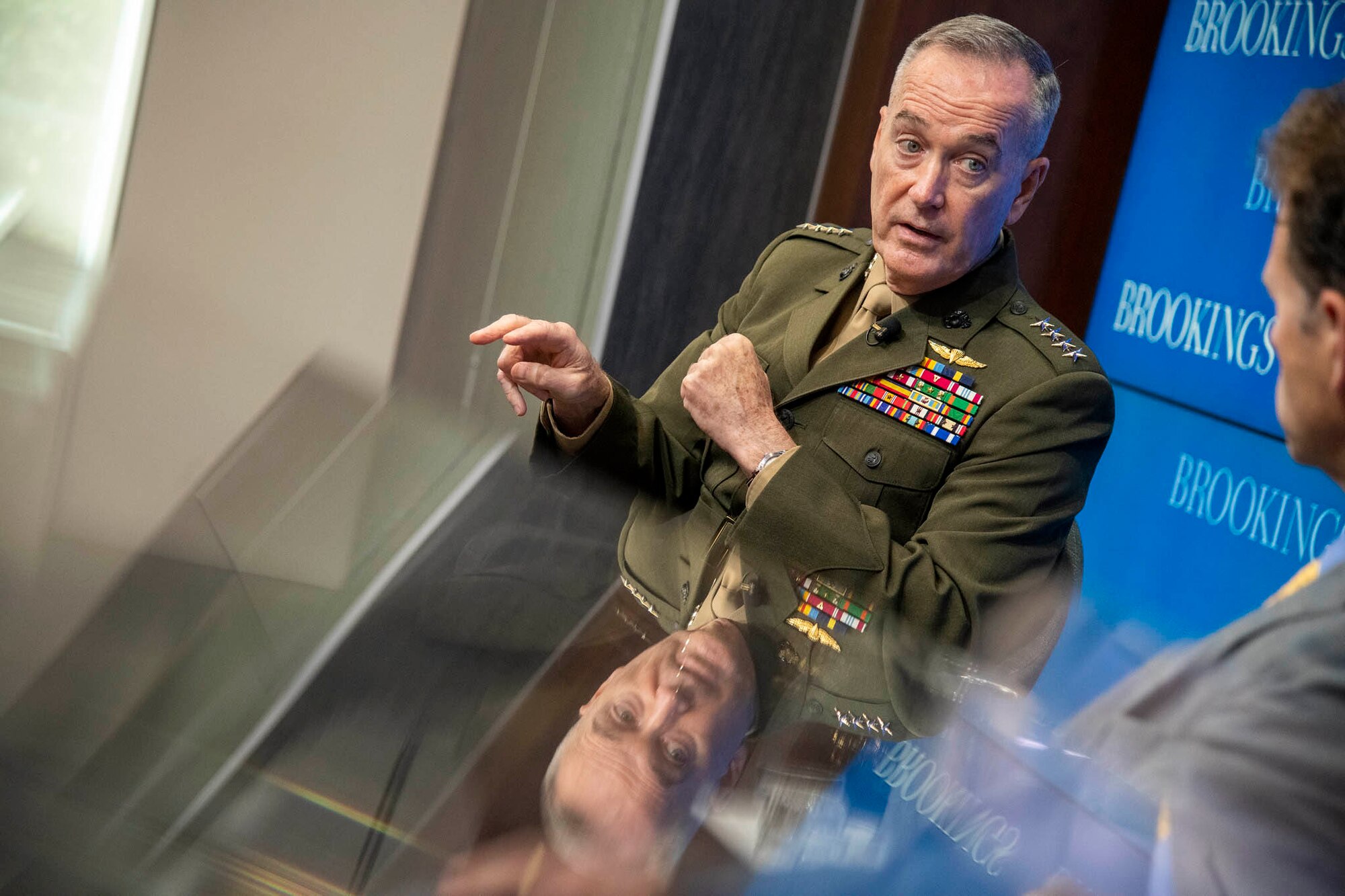 Marine Corps Gen. Joe Dunford, chairman of the Joint Chiefs of Staff, participates in a moderated discussion with Michael O'Hanlon, senior fellow at the Brookings Institution, in the Falk Auditorium at the Brookings Institution in Washington, D.C., May 29, 2019. Brookings hosted General Dunford for a discussion on the national security landscape facing America, the state of the nation’s armed forces, and key defense choices for the future.