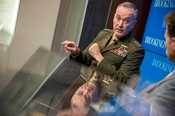 Marine Corps Gen. Joe Dunford, chairman of the Joint Chiefs of Staff, participates in a moderated discussion with Michael O'Hanlon, senior fellow at the Brookings Institution, in the Falk Auditorium at the Brookings Institution in Washington, D.C., May 29, 2019. Brookings hosted General Dunford for a discussion on the national security landscape facing America, the state of the nation’s armed forces, and key defense choices for the future.