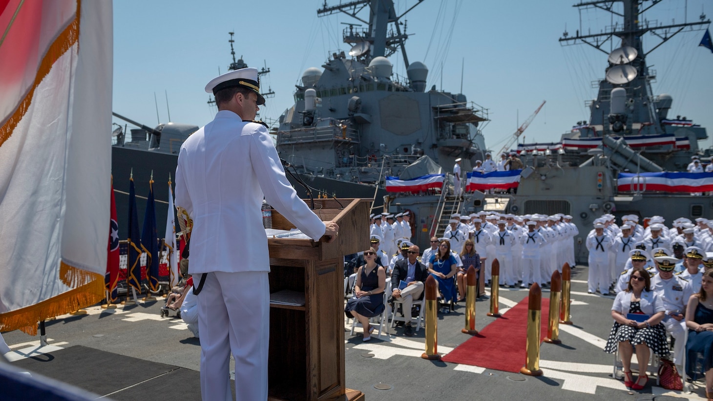 YOKOSUKA, Japan (May 24, 2019) Cmdr. Jeff Benson delivers remarks at his change of command ceremony onboard the Arleigh-Burke guided-missile destroyer USS Stethem (DDG 63). Cmdr. Benson is being relieved by Cmdr. John Rummel as commanding officer of Stethem. Stethem is forward-deployed to the Indo-Pacific area of responsibility in support of security and stability in the region.