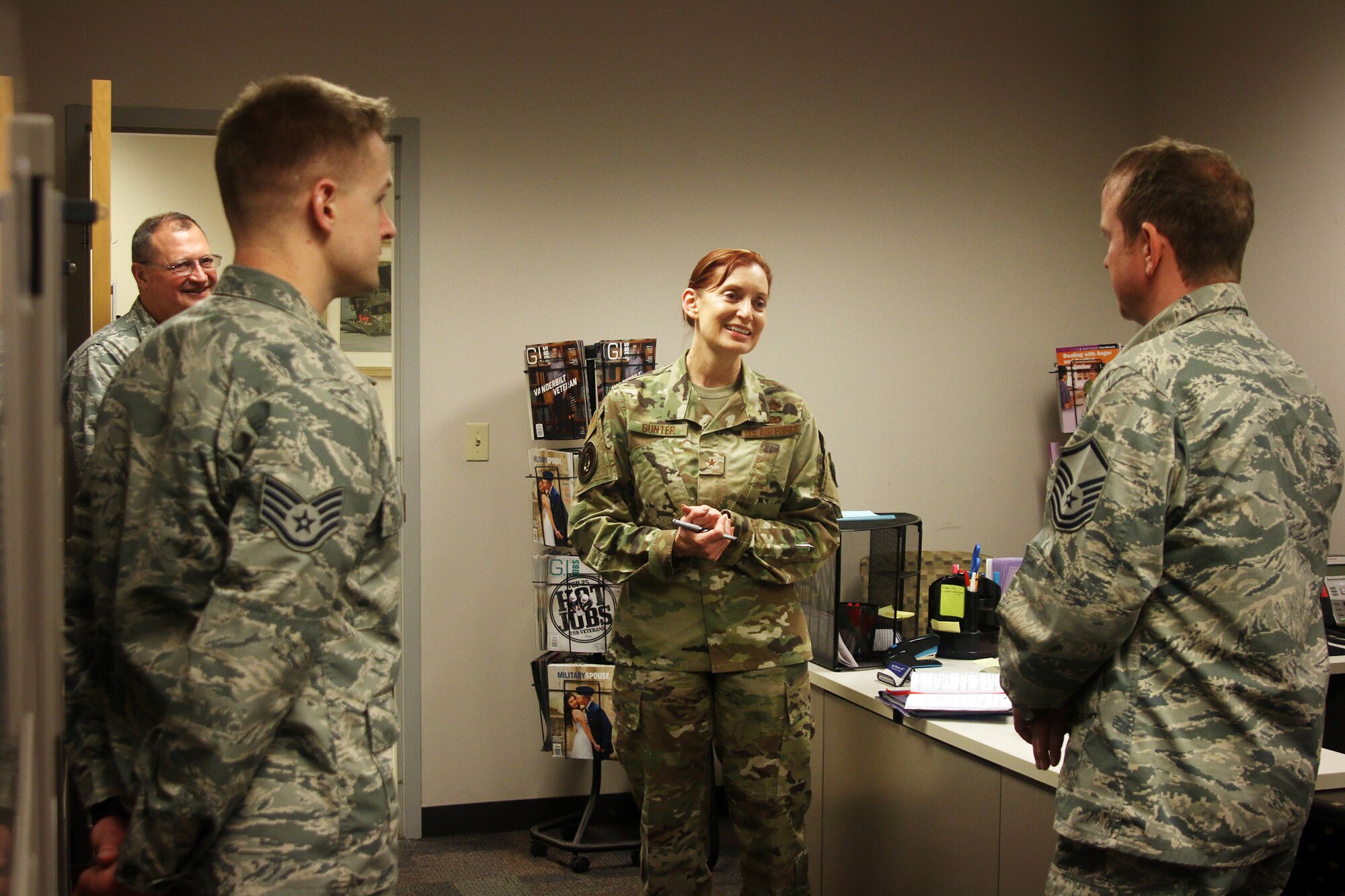 Brig. Gen. Anne B. Gunter, director of personnel within the Office of Air Force Reserve, Washington, D.C., visits with 445th Airlift Wing Airmen during the May 4-5, 2019 unit training assembly. Gunter held various positions at the 445th Airlift Wing during her career, including her role as commander of the 445th Mission Support Group in 2005. (U.S. Air Force photo/Senior Airman Angela Shay)