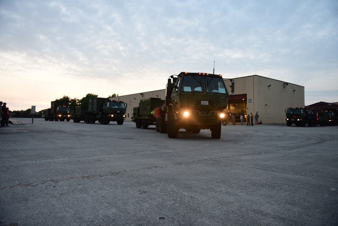 606th Air Control Squadron convoy vehicles depart for Croatia at Aviano Air Base, Italy, May 23, 2019. The 606th ACS is  participating in Astral Knight 2019, a joint, multinational exercise designed to test integrated air and missile defense capabilities. (U.S. Air Force photo by Staff Sgt. Tory Cusimano