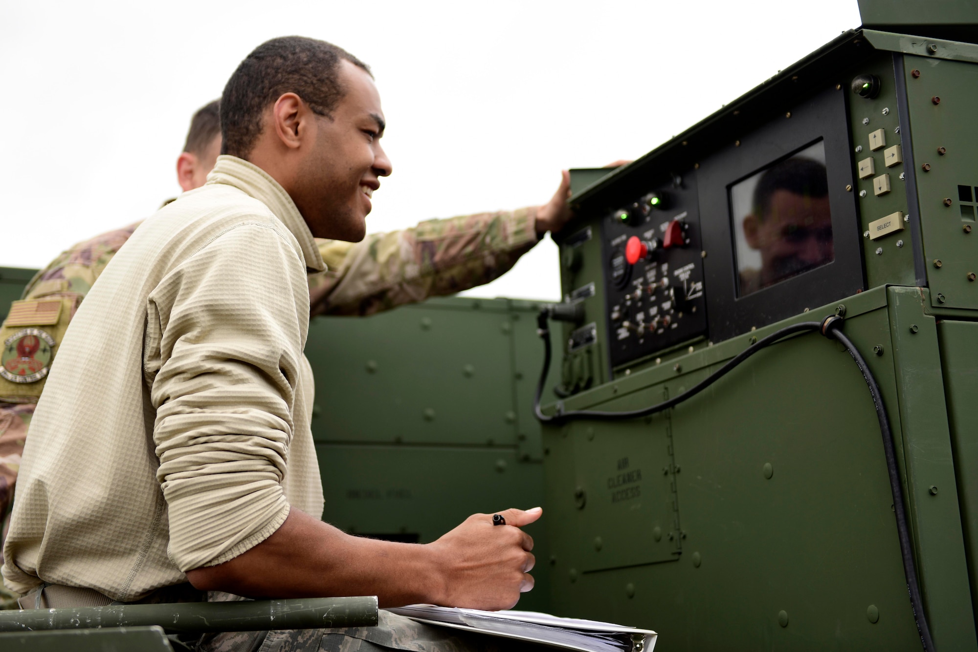 Senior Airman Jordan Boddie, 606th Air Control Squadron vehicular maintenance journeyman, takes meter readings from a generator at Pula Airport, Croatia, May 28, 2019. When the 606th deploys, generators like these can support an entire radar site. (U.S. Air Force photo by Staff Sgt. Tory Cusimano)