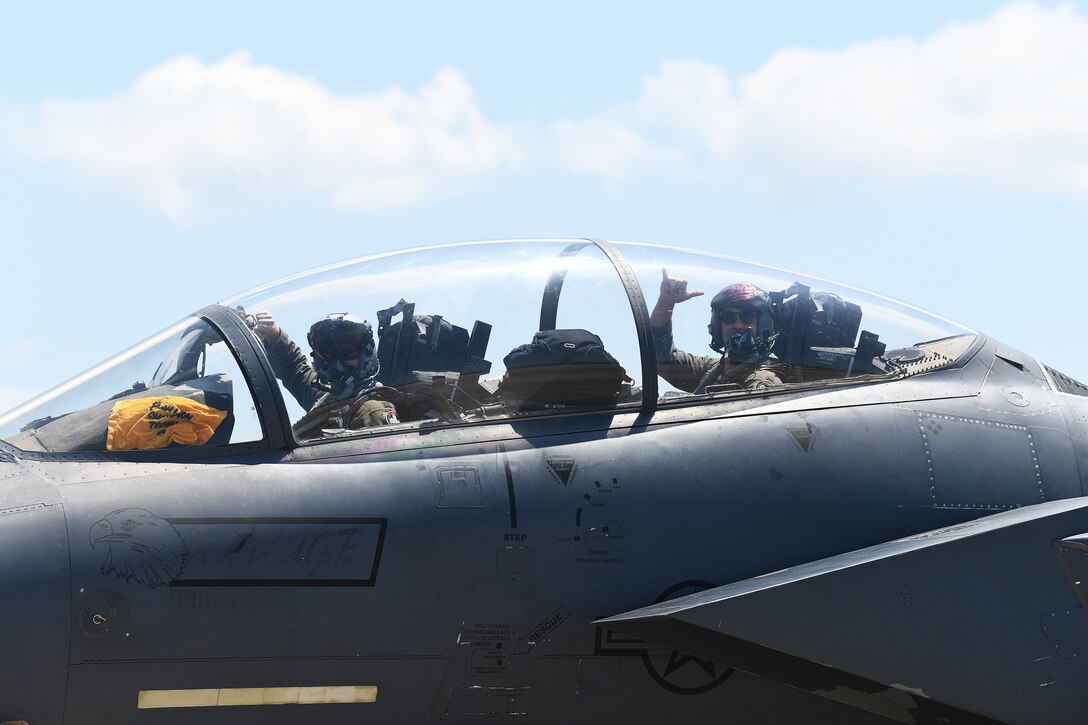 494th Fighter Squadron aircrew taxi on the flightline after participating in exercise Checkered Flag 19-1 at Tyndall Air Force Base, Florida, May 20, 2019. Checkered Flag is a large-force exercise that allows fourth- and fifth-generation aircraft and personnel the opportunity to train together. (U.S. Air Force photo by Airman 1st Class Shanice Williams-Jones)