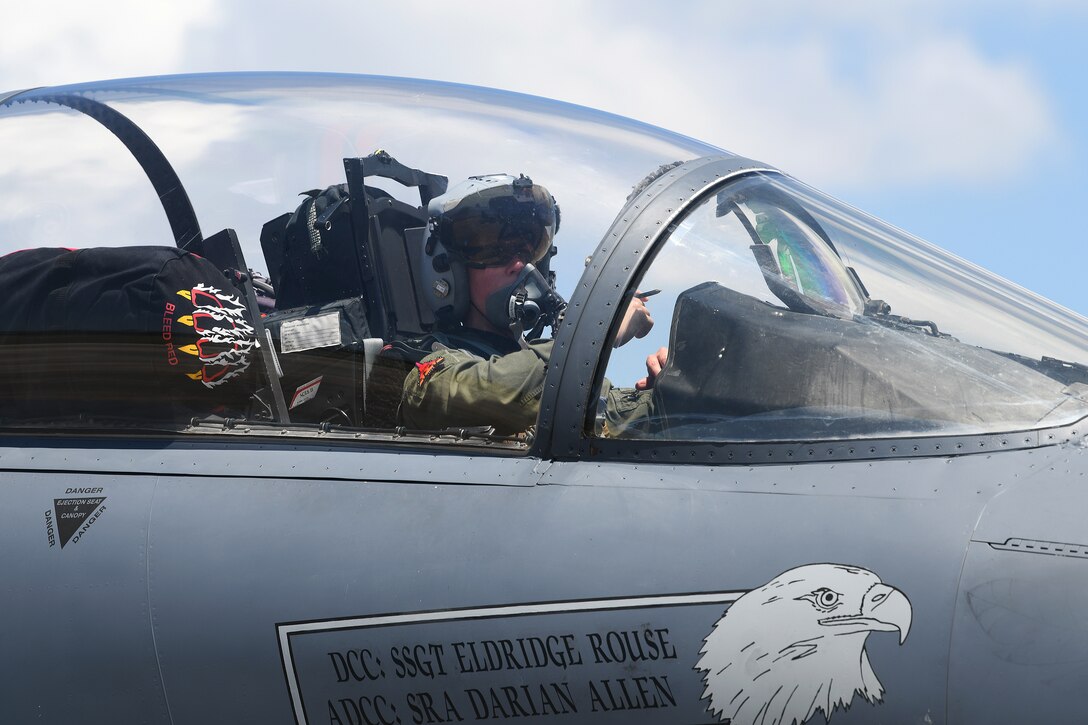 A 494th Fighter Squadron pilot prepares to taxi on the flightline during exercise Checkered Flag 19-1 at Tyndall Air Force Base, Florida, May 20, 2019. Checkered Flag is a large-force exercise that allows fourth- and fifth-generation aircraft and personnel the opportunity to train together. (U.S. Air Force photo by Airman 1st Class Shanice Williams-Jones)