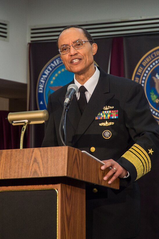 ADM Cecil Haney, USN, Commander, U.S. Strategic Command, addresses the audience at the retirement ceremony for GEN Keith Alexander, USA, on March 28, 2014