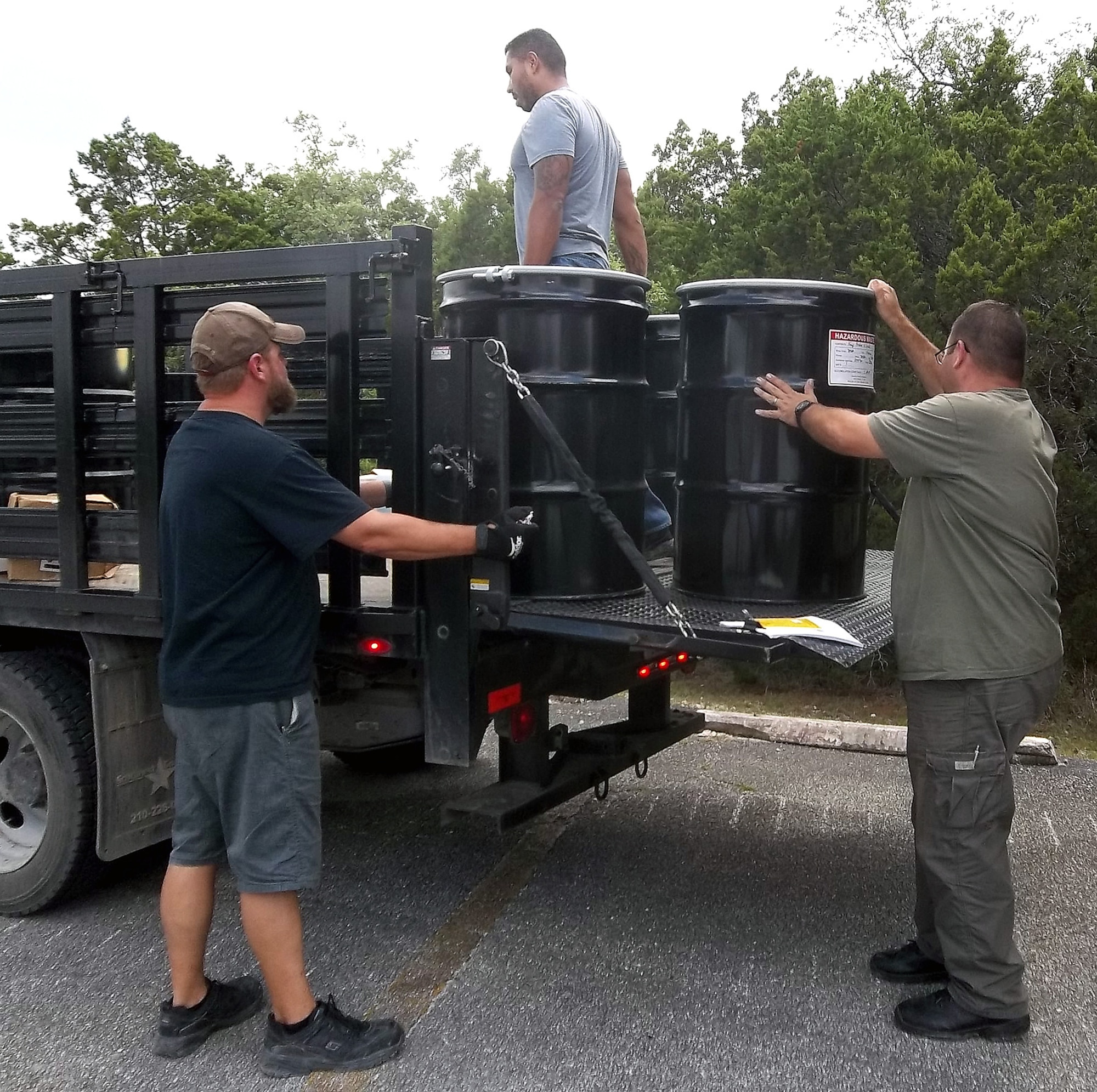 Members of the 802nd Civil Engineer Squadron Hazardous Waste Management Team collect and coordinate disposal of hazardous waste at various locations throughout Joint Base San Antonio.