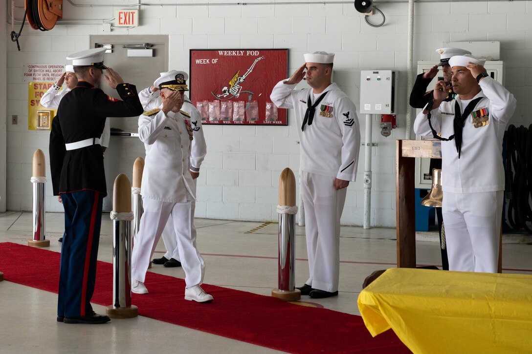 U.S. Navy Sailors welcome leadership to the VFA-101 deactivation ceremony at Eglin Air Force Base, Florida, May 23, 2019.