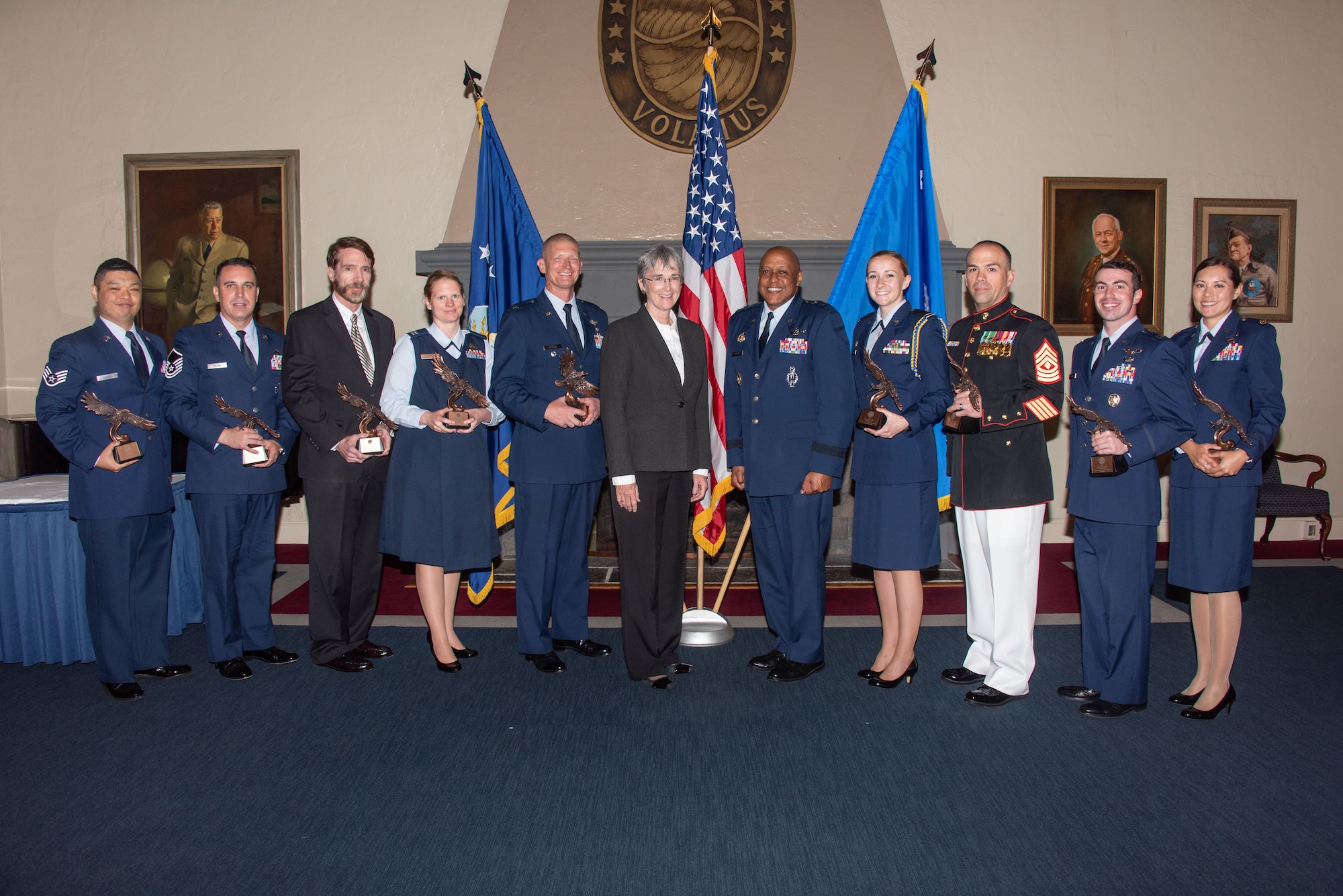 Secretary of the Air Force Heather Wilson and Lt. Gen. Anthony Cotton, Air University commander and president, both center, stand with recipients of the 2019 Secretary of the Air Force Leadership Award May 14, 2019, at Maxwell Air Force Base, Alabama. Secretary Wilson met with the recipients during her final visit to Maxwell AFB and AU as the Secretary of the Air Force.