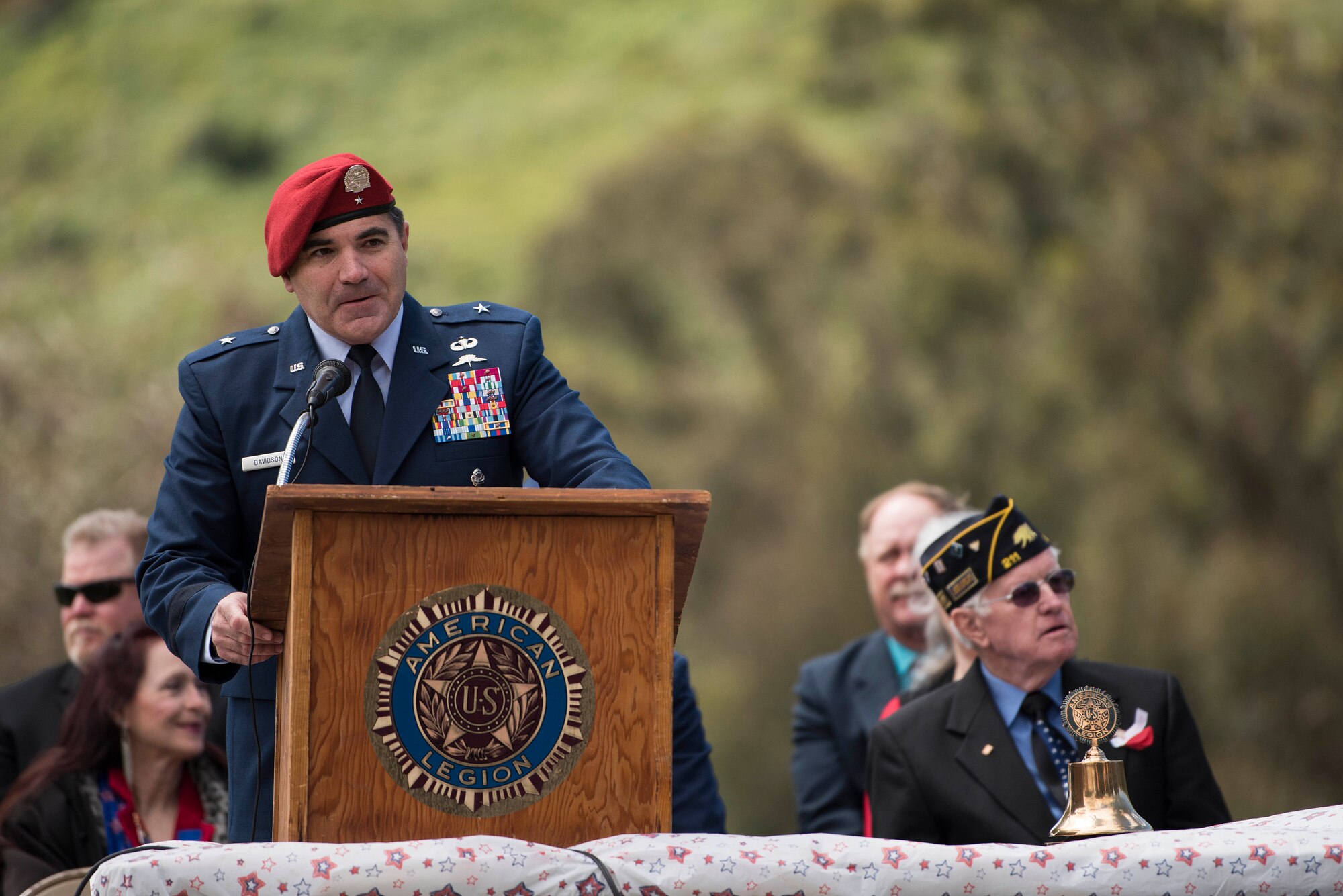 Brig. Gen. Wolfe Davidson, 14th Air Force vice commander, speaks during a Memorial Day ceremony May 27, 2019, in Lompoc, Calif. Davidson’s speech touched on his personal loss while serving and how he used that loss as inspiration to be the best he can each day. (U.S. Air Force photo by Airman 1st Class Hanah Abercrombie)
