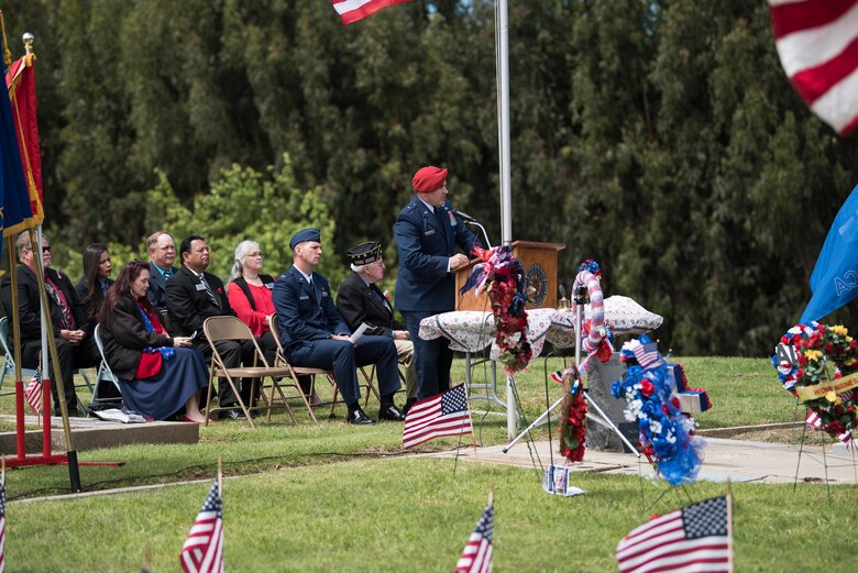 Brig. Gen. Wolfe Davidson, 14th Air Force vice commander, speaks during a Memorial Day Ceremony May 27, 2019, in Lompoc, Calif. Davidson’s speech touched on personal loss as a Special Tactics Officer and how he used loss as inspiration to be the best he can each day. (U.S. Air Force photo by Airman 1st Class Hanah Abercrombie)