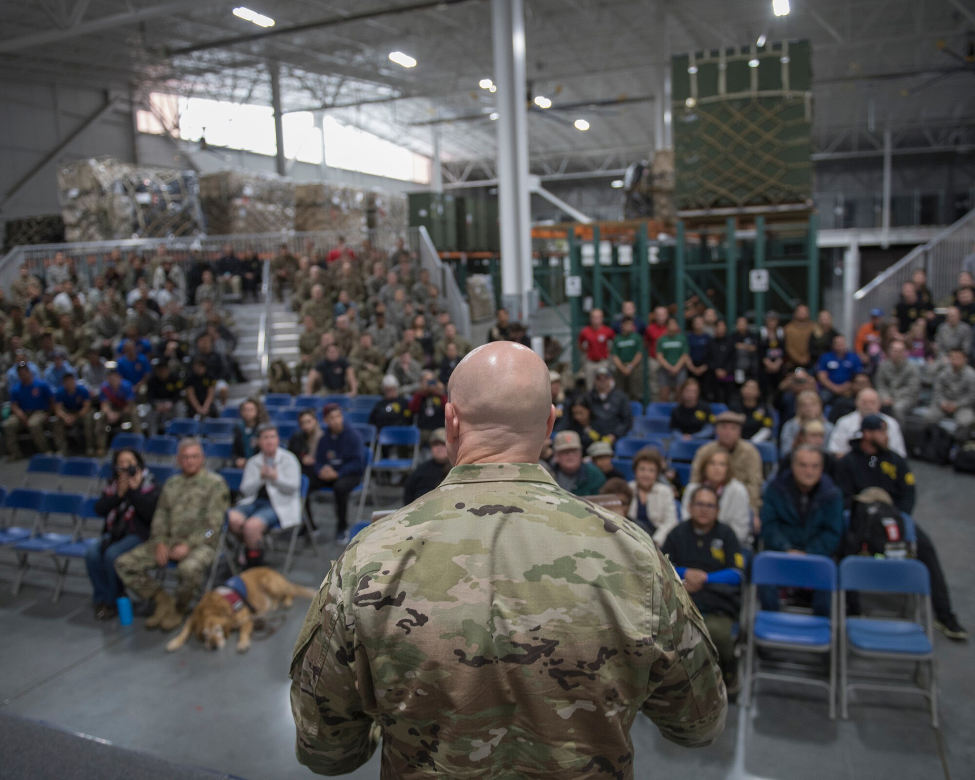 U.S. Air Force Col. Victor Beeler, 60th Mission Support Group commander, provides remarks during the 9th annual Gold Star Families 10K Ruck March at Travis Air Force Base, California, May 18, 2019. The ruck march honored 22 Gold Star families and their loved ones who lost their lives while serving their country. (U.S. Air Force photo by Louis Briscese)