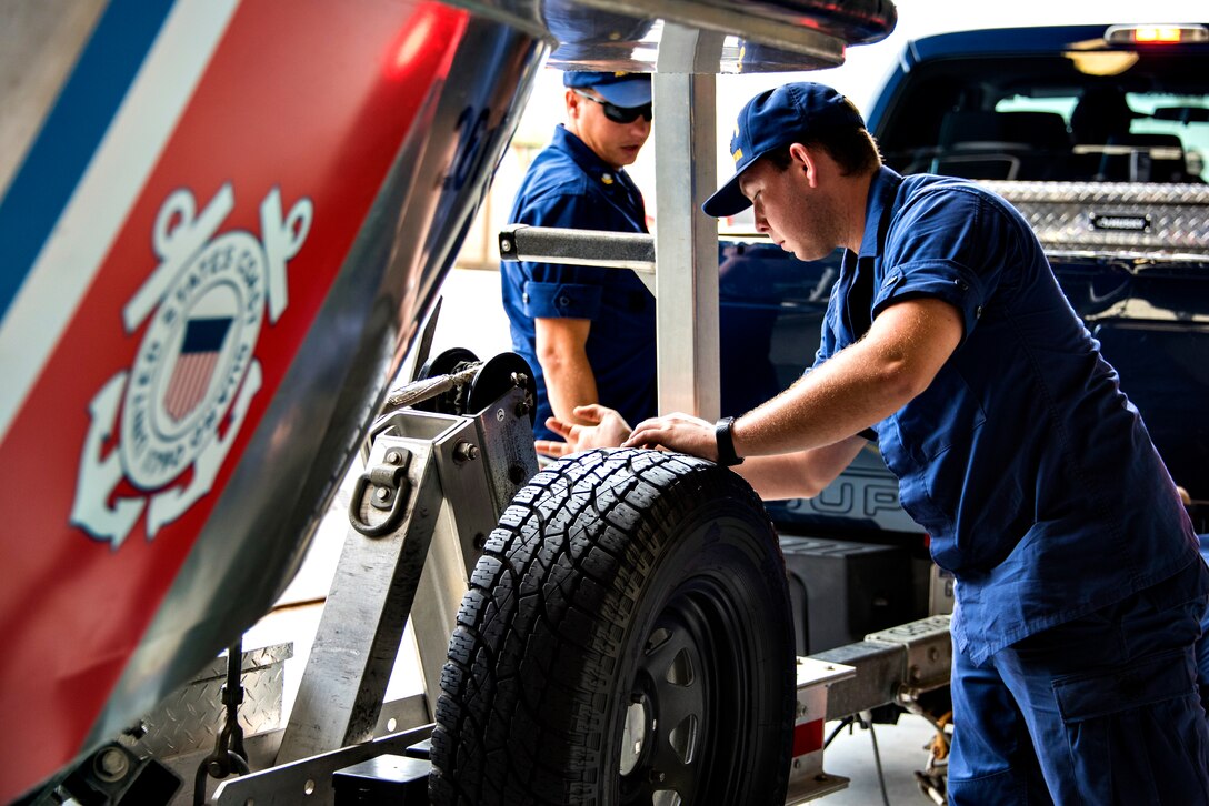 Coast Guard Aids to Navigation Team Georgetown crew members prepare assets Sept. 13, 2018, at Joint Base Charleston in Charleston, S.C.