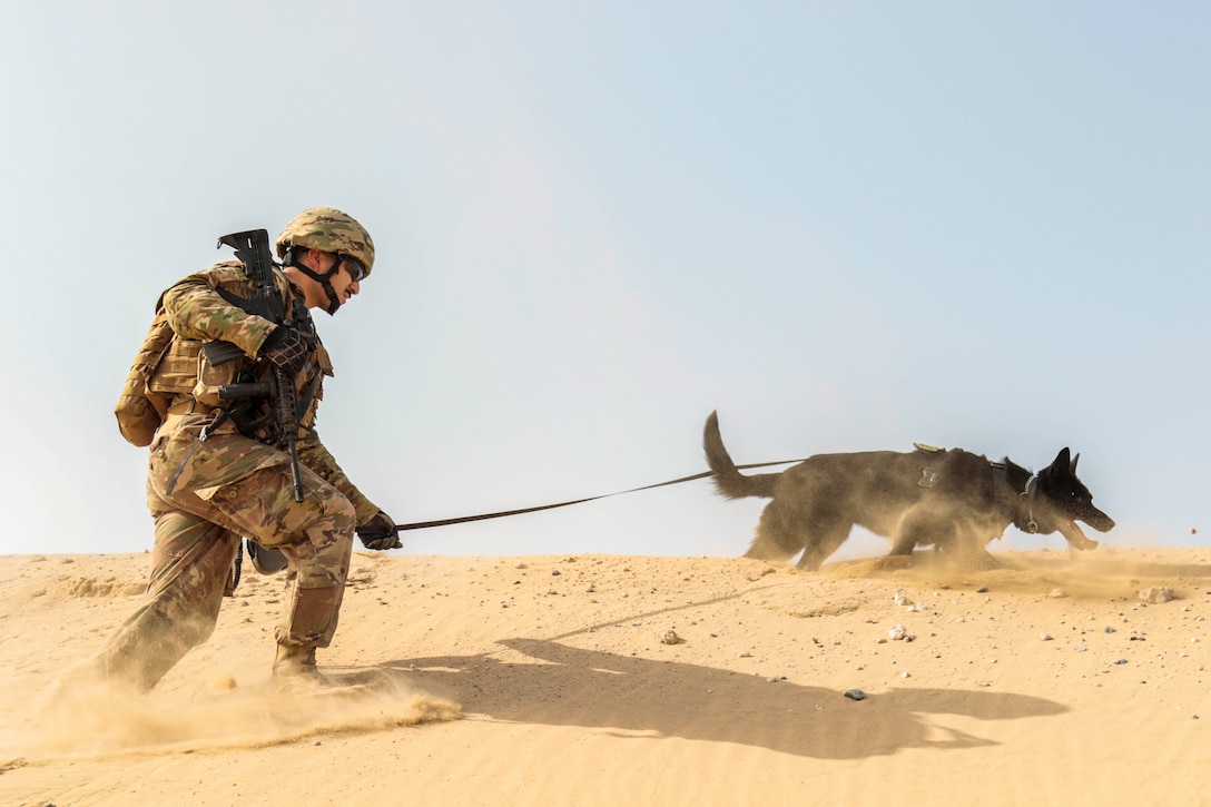 A sailor walks on sand with hold a dog by the leash.