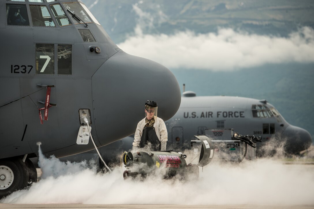Senior Airman Sawyer Ezzell, a crew chief for the 123rd Maintenance Group, 123rd Airlift Wing, services the liquid oxygen system of a Kentucky Air National Guard C-130 Hercules aircraft at Aviano Air Base, Italy, on May 15, 2019, as part of Immediate Response 2019. The annual exercise is focused on allied airborne forces’ ability to quickly and effectively respond to crisis situations as an interoperable, multinational team. (U.S. Air National Guard photo by Staff Sgt. Joshua Horton)