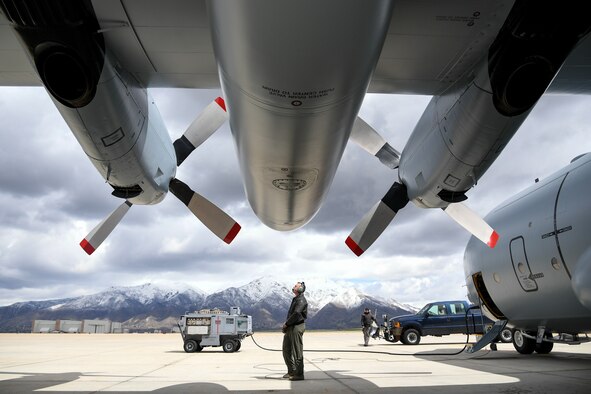 Master Sgt. Allen Clutter, a flight engineer attached to 514th Flight Test Squadron, inspects the propellers while performing a pre-flight functional flight check on a U.S. Navy C-130 Hercules April 11, 2019, at Hill Air Force Base, Utah. (U.S. Air Force photo by Cynthia Griggs)