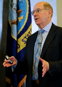 Dr. Donald Winter, secretary of the Navy from 2006 to 2009, speaks about naval acquisition at the Rear Adm. David Taylor Naval Architecture Lecture on May 16, 2019, at Naval Surface Warfare Center, Carderock Division in West Bethesda, Md. (U.S. Navy photo by Monica McCoy/Released)