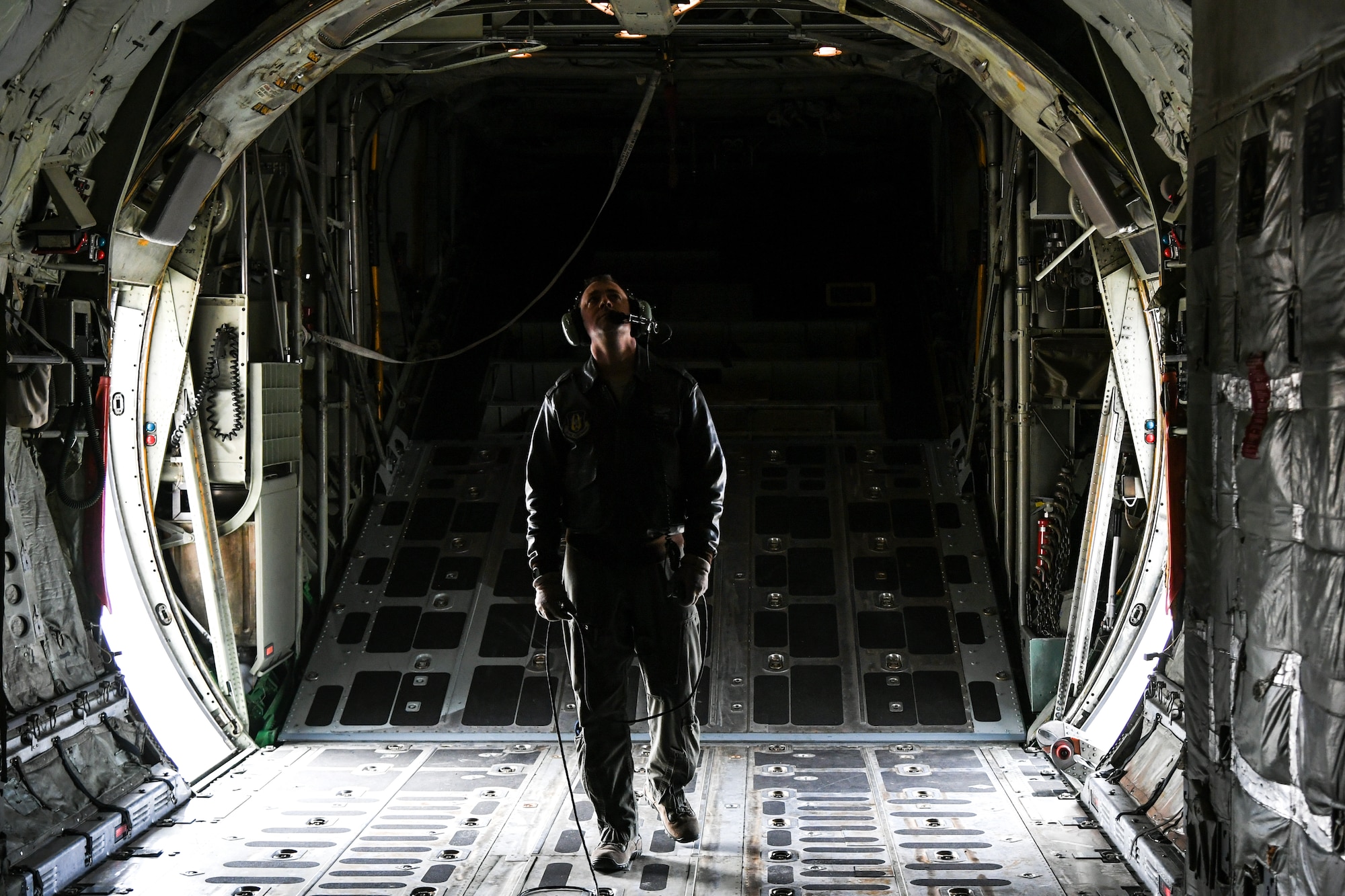 Master Sgt. Allen Clutter, a flight engineer attached to 514th Flight Test Squadron, performs a pre-flight functional flight check on a U.S. Navy C-130 Hercules April 11, 2019, at Hill Air Force Base, Utah. (U.S. Air Force photo by Cynthia Griggs)