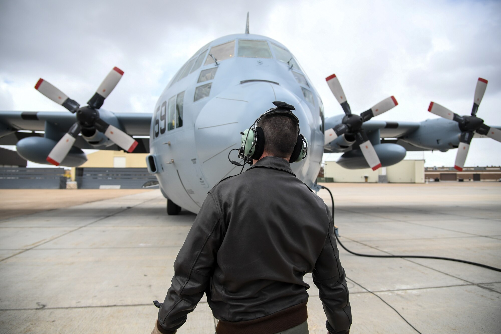 Master Sgt. Allen Clutter, a flight engineer attached to 514th Flight Test Squadron, performs a pre-flight functional flight check on a U.S. Navy C-130 Hercules April 11, 2019, at Hill Air Force Base, Utah. (U.S. Air Force photo by Cynthia Griggs)