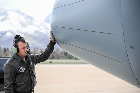 Master Sgt. Allen Clutter, a flight engineer attached to 514th Flight Test Squadron, performs a pre-flight functional flight check on a U.S. Navy C-130 Hercules April 11, 2019, at Hill Air Force Base, Utah. (U.S. Air Force photo by Cynthia Griggs)