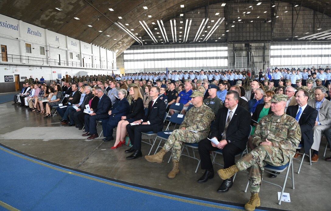 An audience of community leaders listen as Maj. Gen. James Dawkins Jr., the 8th Air Force commander, delivers a speech during a change of command ceremony at Ellsworth Air Force Base, S.D., May 30, 2019. The ceremony is a time-honored military tradition that serves as representation of the exchange of responsibility and authority from one commander to another. (U.S. Air Force photo by Senior Airman Thomas Karol)