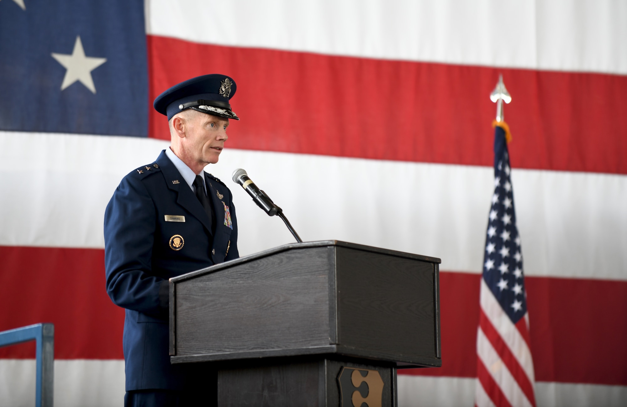 Maj. Gen. James Dawkins Jr., the 8th Air Force commander, delivers a speech during a change of command ceremony at Ellsworth Air Force Base, S.D., May 30, 2019. Dawkins officiated the exchange of command and welcomed Col. David A. Doss, the incoming commander of the 28th Bomb Wing. (U.S. Air Force photo by Airman 1st Class Christina Bennett)