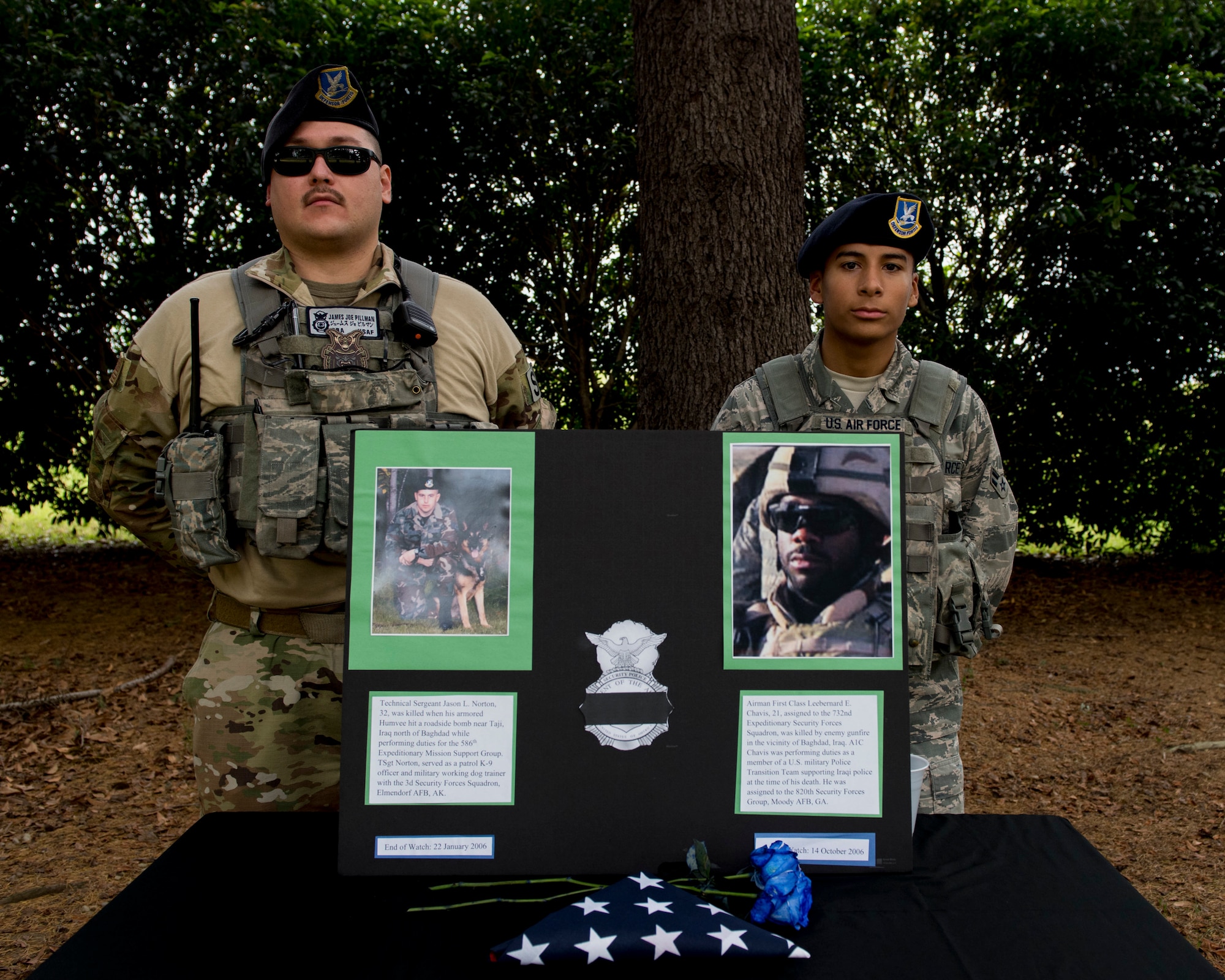 (Right to left) Senior Airman James Pillman, and Airman 1st Class Fernando Flores, both 374th Security Forces Squadron patrolman, pose for a photo during Yokota’s 2019 National Police Week 5K Ruck March, May 20, 2019, at Yokota Air Base, Japan.