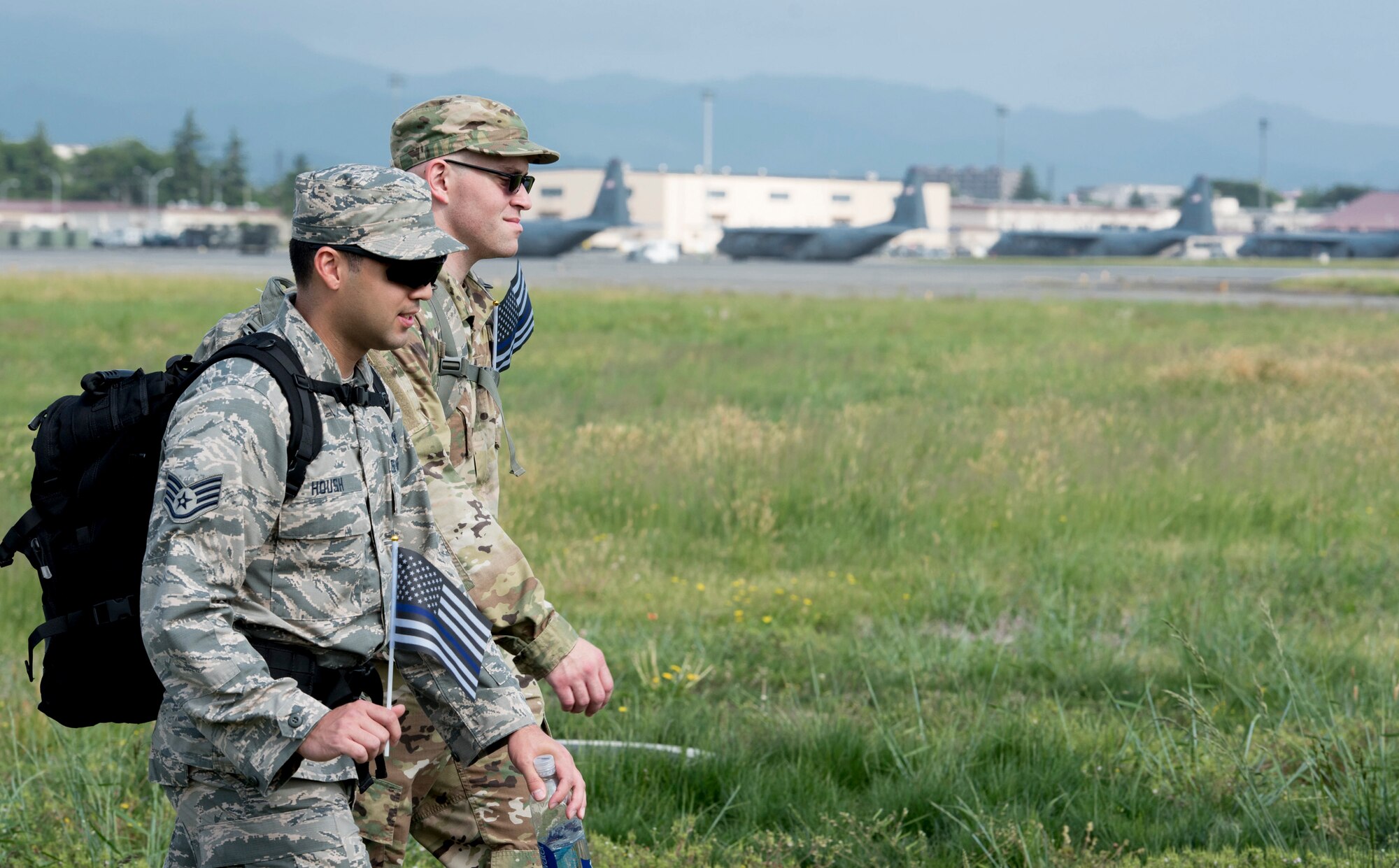 Airmen participate in Yokota’s 2019 National Police Week 5K Ruck March, May 20, 2019, at Yokota Air Base, Japan.