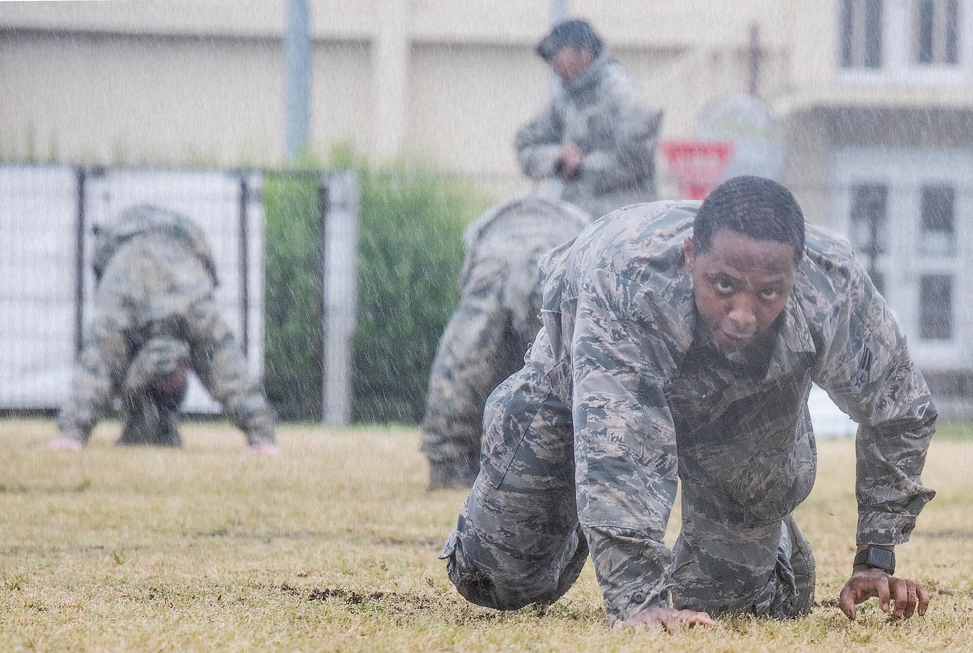 Airman 1st Class Mantevius Rucker, 374th Security Forces Squadron response force member, performs bear crawl during the Defenders Challenge at Yokota Air Base, Japan, May 21, 2019.