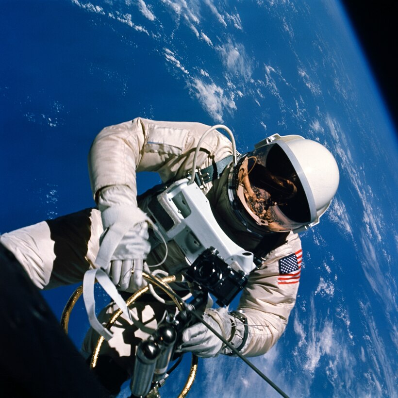 Air Force astronaut Maj. Edward White takes the United States’ first spacewalk on June 3, 1965. He wore a G4C space suit with extra cover layers. (Contributed photo)