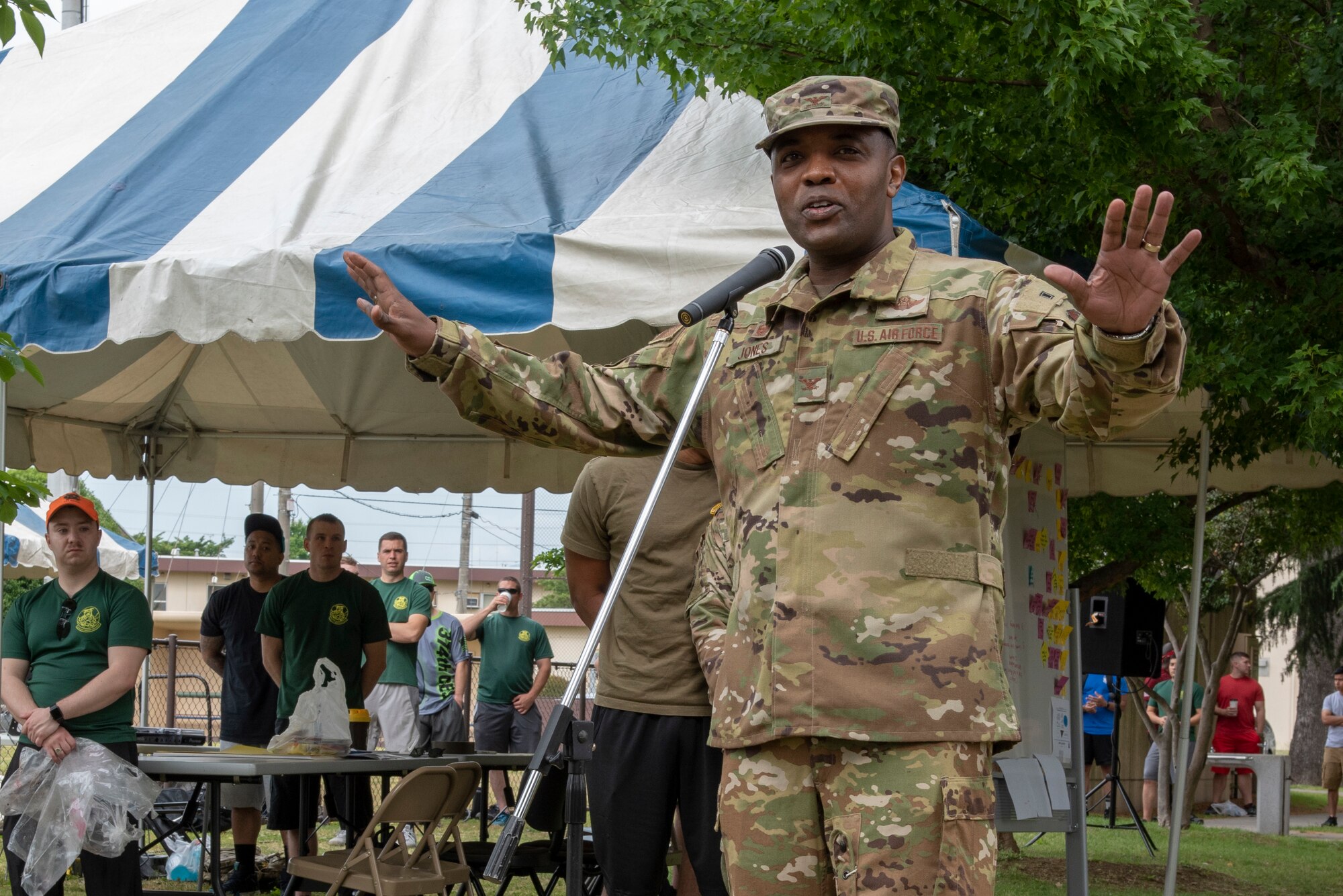 Col. Otis C. Jones, 374th Airlift Wing commander, addresses the members of Team Yokota in attendance at Airman Appreciation Day at Yokota Air Base, Japan, May 31, 2019.