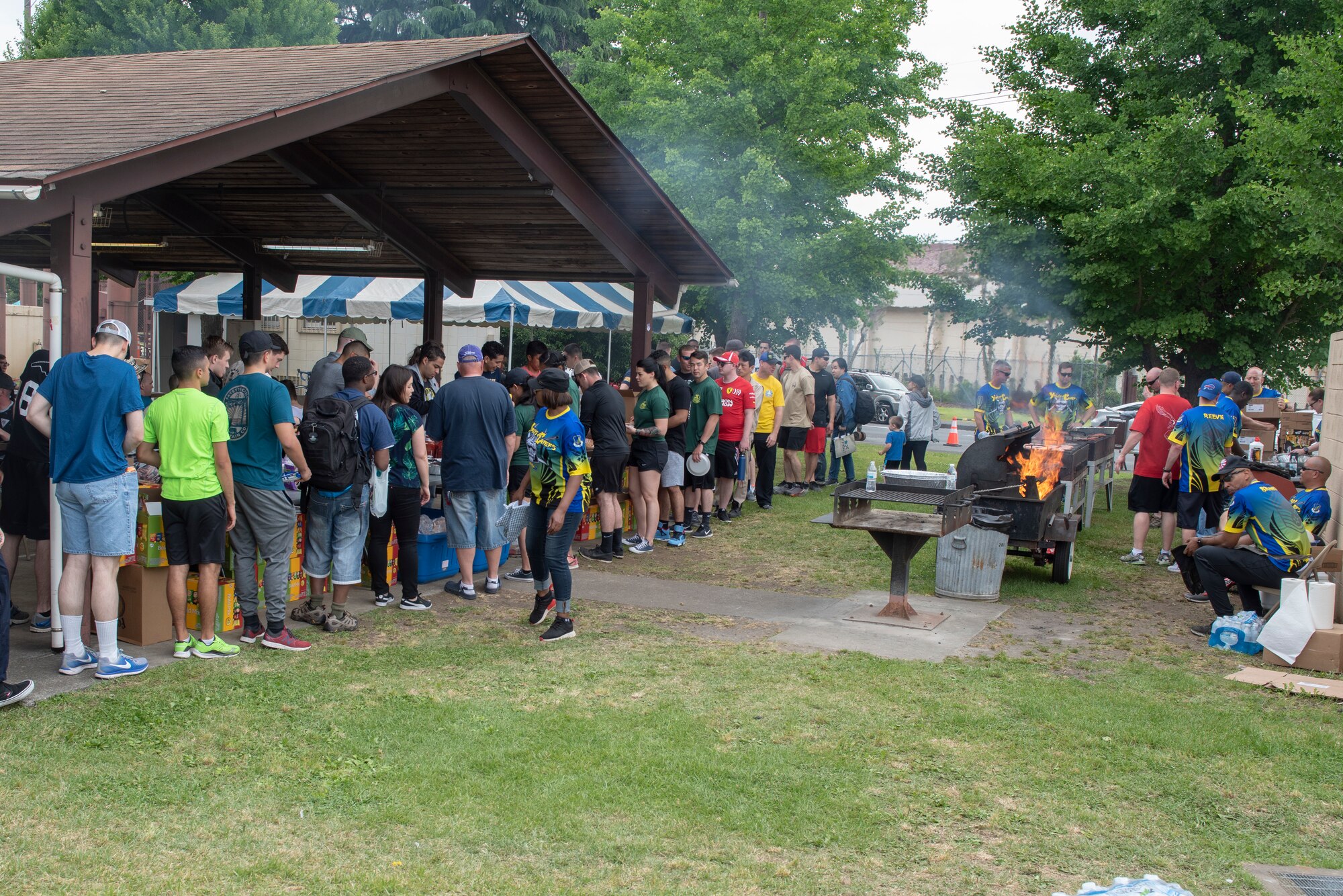 Airmen line up to eat lunch at Airman Appreciation Day at Yokota Air Base, Japan, May 31, 2019.