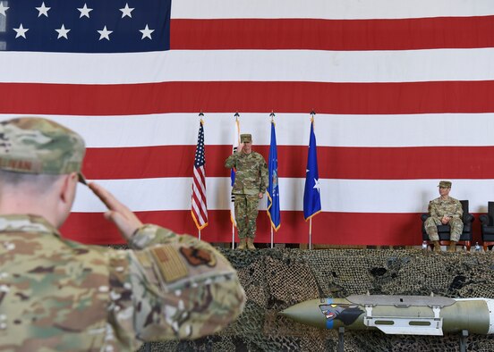 U.S. Air Force Col. Tad Clark receives his first salute as the 8th Fighter Wing commander during a change of command ceremony at Kunsan Air Base, Republic of Korea, May 31, 2019. Clark is beginning his second tour at Kunsan; his first was from 2002 to 2003 as the 35th Fighter Squadron chief of life support and chief of safety. (U.S. Air Force photo by Senior Airman Savannah L. Waters)