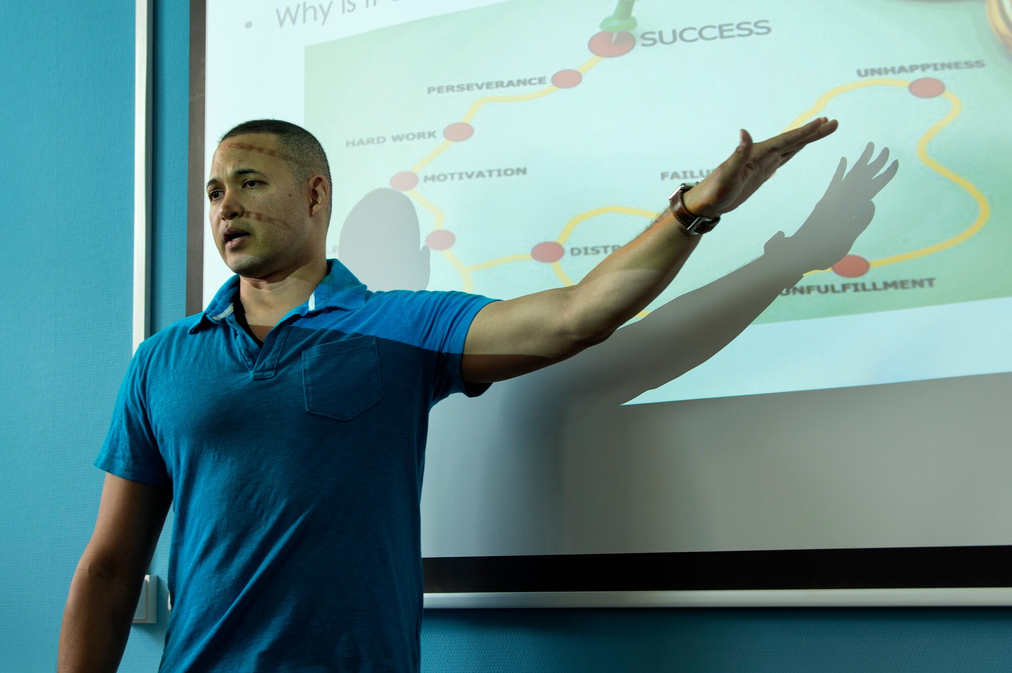 U.S. Air Force Master Sgt. Michael Roderick, 52nd Civil Engineer Squadron electrical power production NCO in charge, briefs a class during the Leaders of the Future course at Spangdahlem Air Base, Germany, May 29, 2019. The seven-week professional development program is intended to help students understand people, perspectives, and how to build relationships. (U.S. Air Force photo by Airman 1st Class Valerie Seelye)