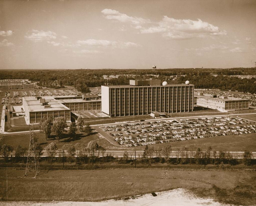 Aerial view of Operations 1 Building with full parking lots