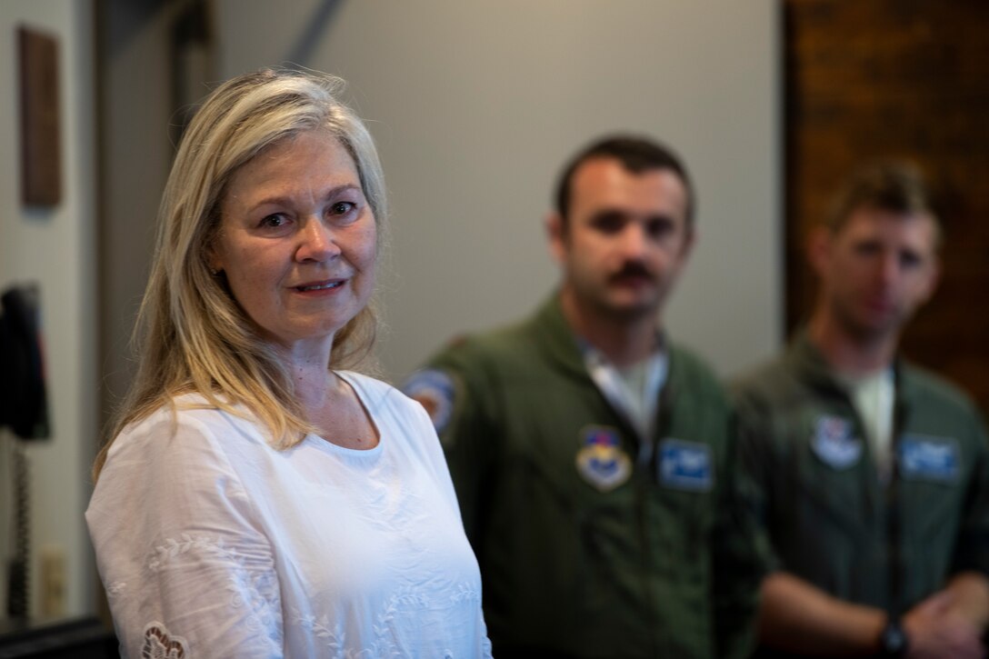 Tambrie McKinney, widow of retired U.S. Air Force Lt. Col. George "Buckshot" McKinney Jr., gives a speech at her husband's remembrance gathering to thank everyone who was involved, Eglin Air Force Base, Florida, on May 28, 2019.