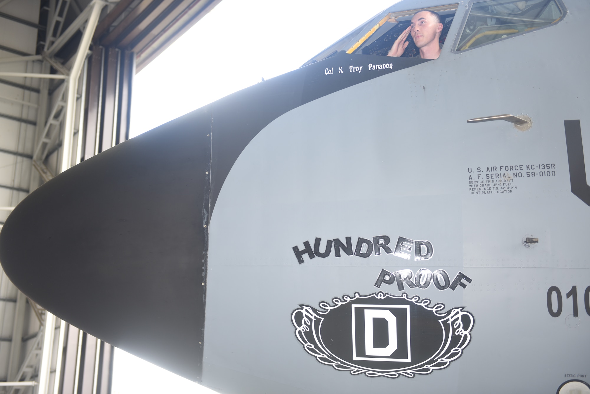 U.S. Air Force Staff Sgt. Trevor Woodruff, 100th Aircraft Maintenance Squadron flying crew chief, renders a salute after unveiling the name of Col. Troy Pananon, 100th Air Refueling Wing commander, on a U.S. Air Force KC-135 Stratotanker at RAF Mildenhall, England, May 31, 2019. Pananon was previously the 6th Air Mobility Wing vice commander, MacDill Air Force Base, Fla. (U.S. Air Force photo by Airman 1st Class Joseph Barron)