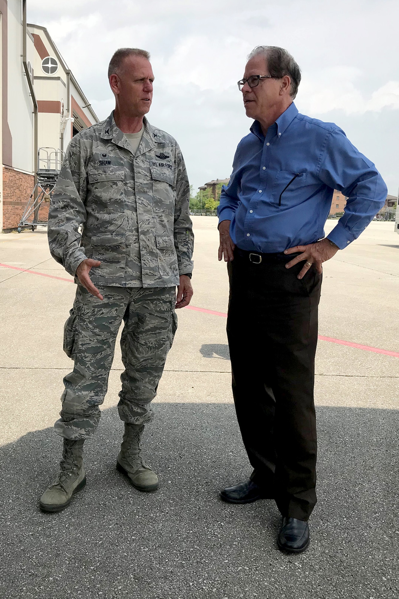 Col. Larry Shaw, 434th Air Refueling Wing commander, chats with Senator Mike Braun (R) Indiana, during a visit to Grissom Air Reserve Base, Ind., May 28, 2019. The visit was the first for the first-term senator, and was designed to give him and a few staff members first-hand look at the base and its mission. (U.S. Air Force photo/Douglas Hays)