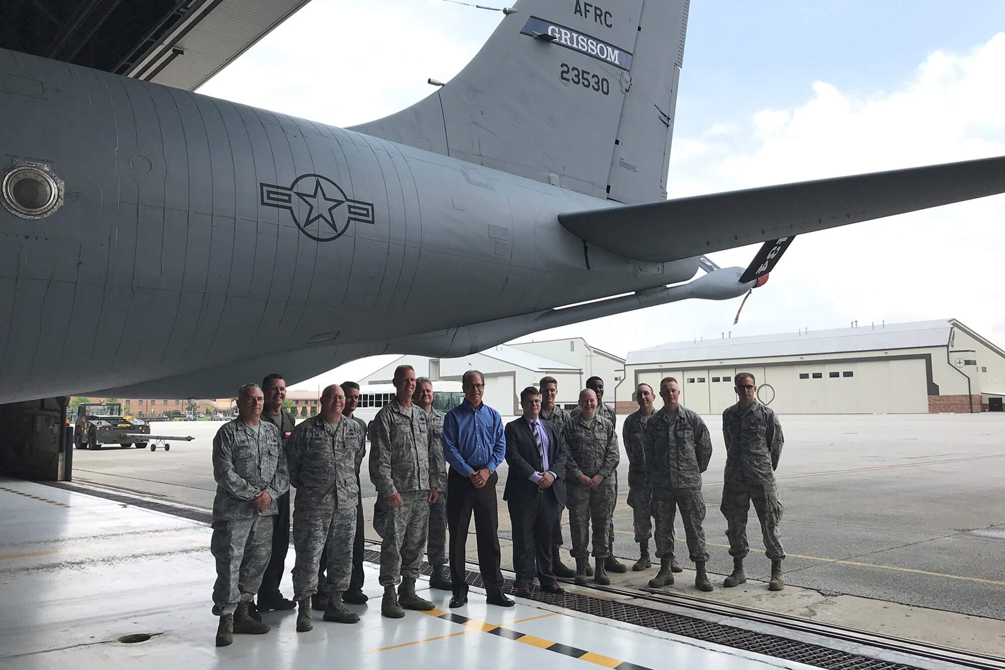 Senator Mike Braun (R) Indiana, center, stands with members of the 434th Air Refueling Wing during a visit to Grissom Air Reserve Base, Ind., May 28, 2019. The visit was the first for the first-term senator, and was designed to give him a personal view of the base and its mission. (U.S. Air Force photo/Douglas Hays)