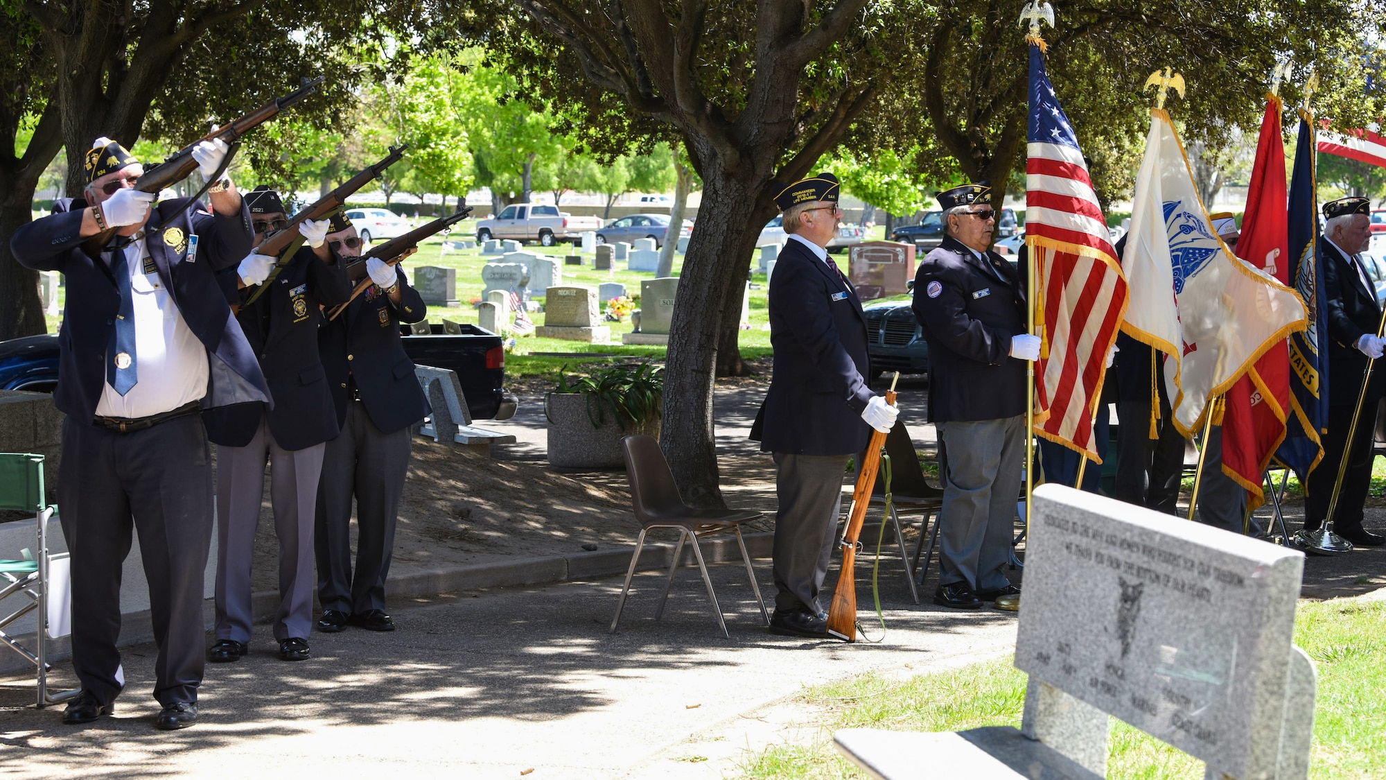Members of the Santa Maria Valley Veteran Honor Guard shot a three-volley salute during a Memorial Day ceremony May 27, 2019, at the Santa Maria Cemetery, Calif. The three-volley salute is a ceremonial act that pays tribute to those who gave their life for their country. (U.S. Air Force photo by Airman 1st Class Aubree Milks)