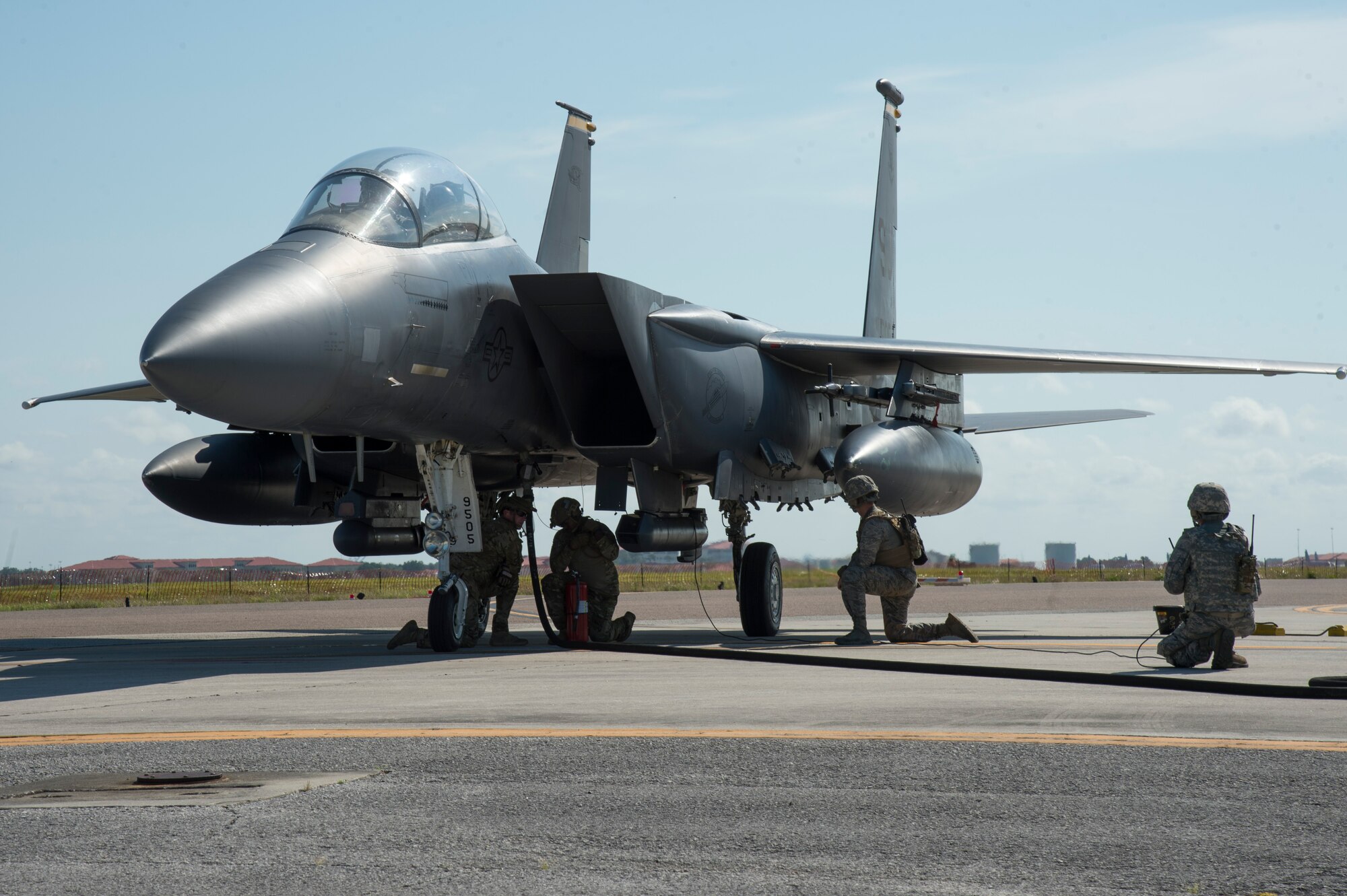 U.S. Air Force Airmen from Seymour Johnson Air Force Base, N.C., along with Airmen from the 6th Logistics Readiness Squadron at MacDill AFB, Fla., refuel an F-15E fighter aircraft May 10, 2019. During a total force exercise the Airmen secured the airfield, refueled and rearmed fighter aircraft to get them back to the fight as quickly as possible. (U.S. Air Force photo by Airman 1st Class Shannon Bowman)