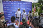 190529-N-XK398-1055 SATTAHIP NAVAL BASE, Thailand (May 29, 2019) Capt. Matthew Jerbi, commodore, of Destroyer Squadron 7, left, and Royal Thai Navy Rear Adm. Paisarn Meesri, commander of Frigate Squadron 2, speak to media after the opening ceremony of Cooperation Afloat Readiness and Training (CARAT) Thailand 2019. This year marks the 25th iteration of CARAT, a multinational exercise series designed to enhance U.S. and partner navies' abilities to operate together in response to traditional and non-traditional maritime security challenges in the Indo-Pacific region. (U.S. Navy photo by Mass Communication Specialist 2nd Class Joshua Mort