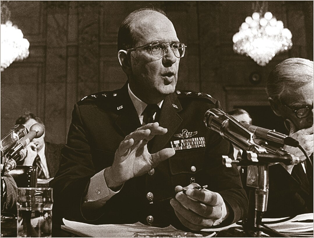 NSA Director Lt Gen Lew Allen Jr., USAF testifying during a Senate hearing in 1975