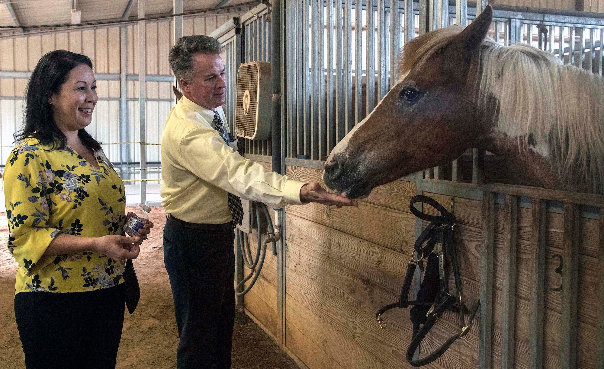 502nd Air Base Wing Honorary Commanders Kristi Villanueva, president of the West San Antonio Chamber of Commerce and Sean Hoffmann, Seguin Independent School District executive director of communications, enjoy feeding one of the horses at the equestrian center at Joint Base San Antonio-Fort Sam Houston May 21.