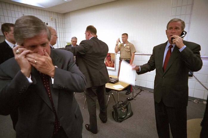 President George W. Bush speaking on the phone following the terrorist attacks on September 11, 2001